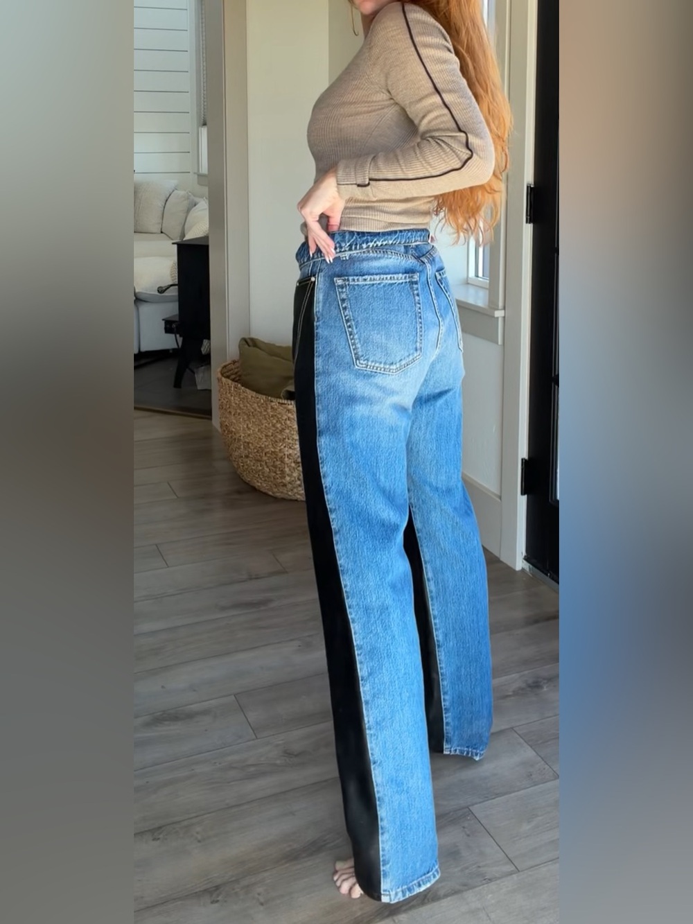 Stella McCartney Black Leather and Blue Denim Two-Tone Straight Jeans - Picture 4 of 4